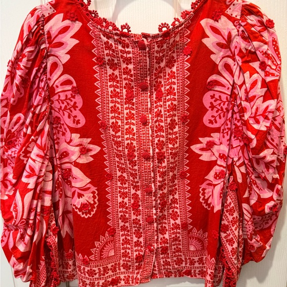 Farm Rio Red Pink Floral Embellished Blouse XL Puff Sleeve Statement Top - Picture 3 of 5